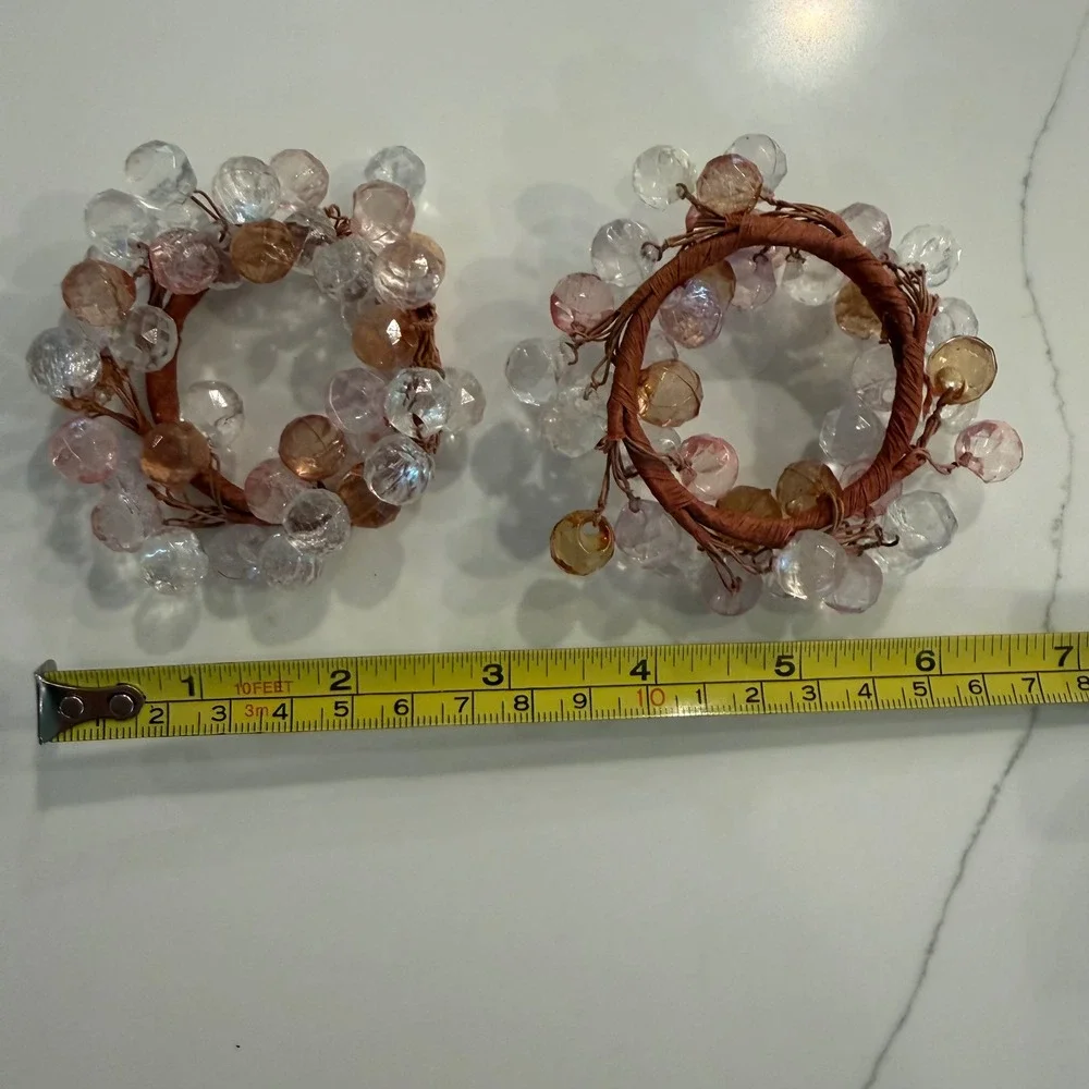 Set of 2 Beaded Napkin Rings Amber Pink Clear Faceted Acrylic Table Decor